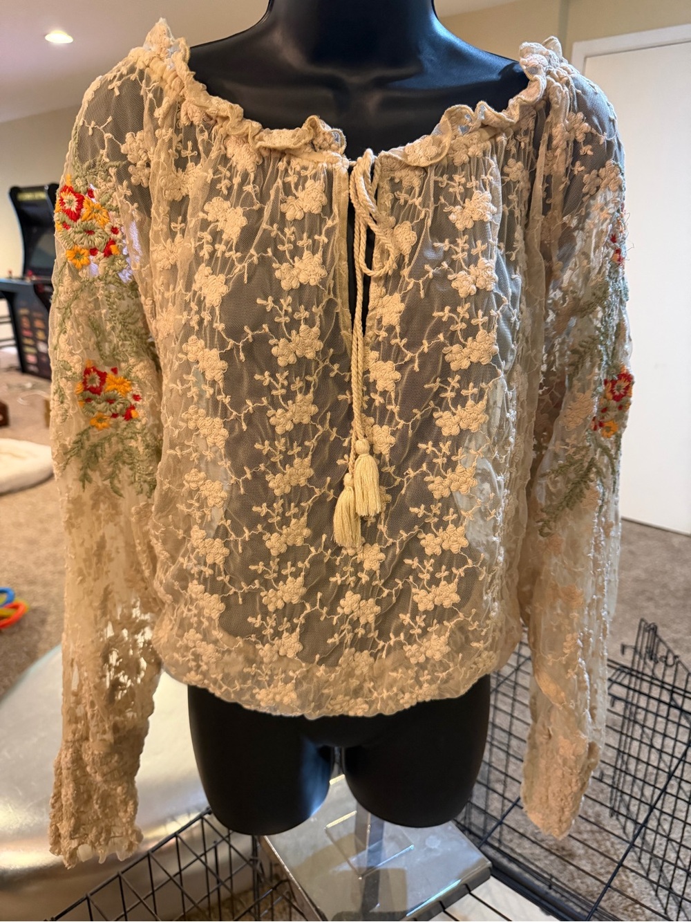 Women’s Free People Lace Peasant Blouse - Cream with Floral Embroidery